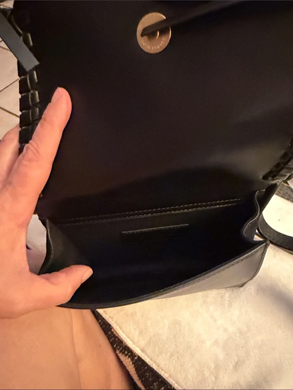 Black Satchel Handbag with Woven Edge and Gold Charm
